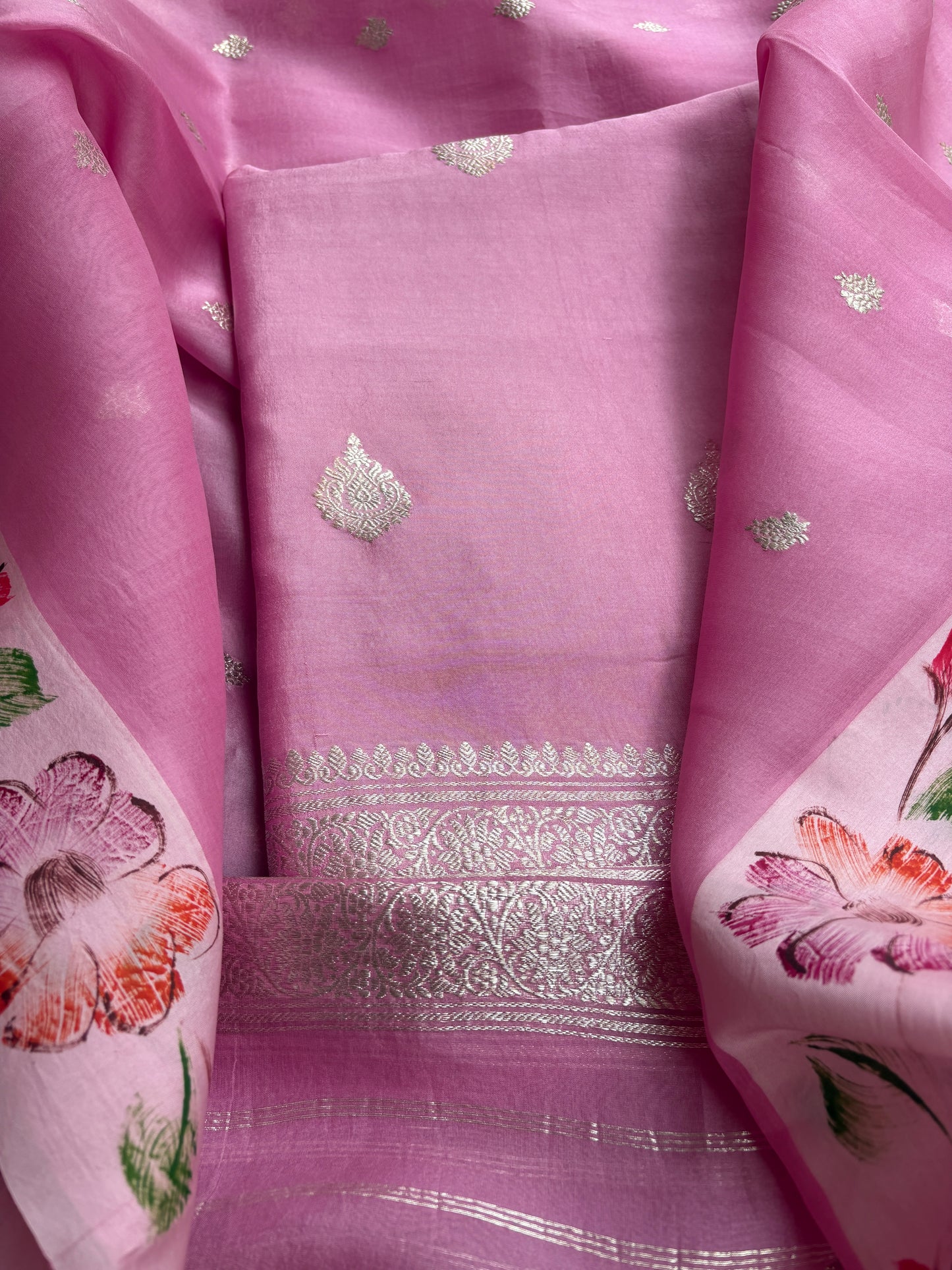 Pink silver zari Chiniya kora suit set