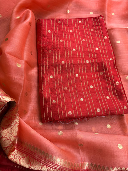 Red raw silk kurta, bottom and kora silk shaded dupatta