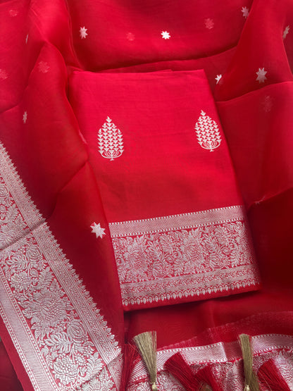 Red Chiniya kora silk silver zari suit