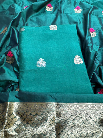 Green Chiniya silk kurta, bottom, katan silk kadhwa dupatta