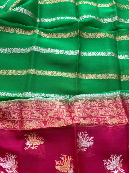 Green mango silk with kora silk stripe dupatta