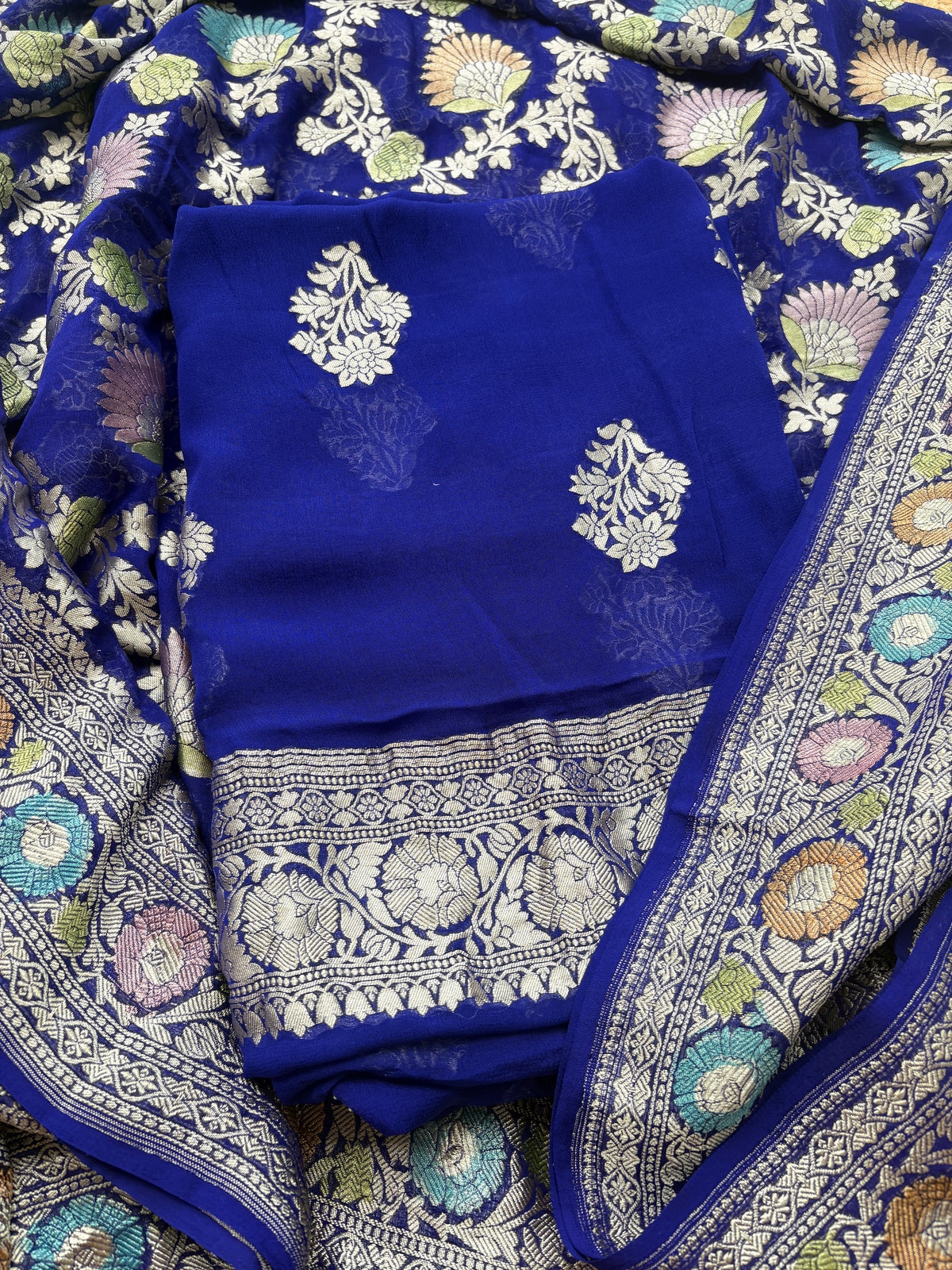 Blue Khaddi georgette suit set with meenadar dupatta