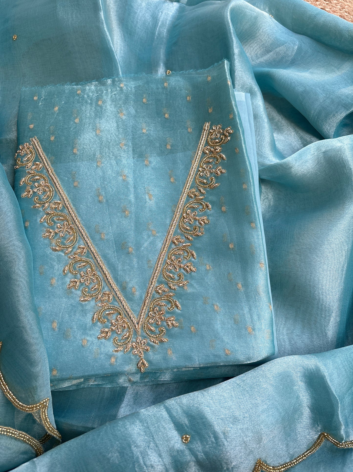 Blue tissue embroidered suit set