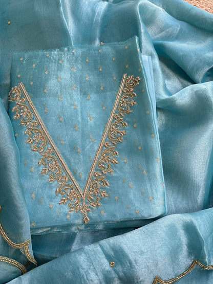 Blue tissue embroidered suit set