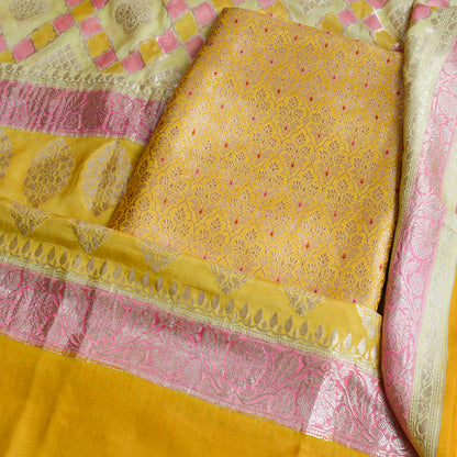 Yellow brocade suit with rangkat Khaddi georgette dupatta