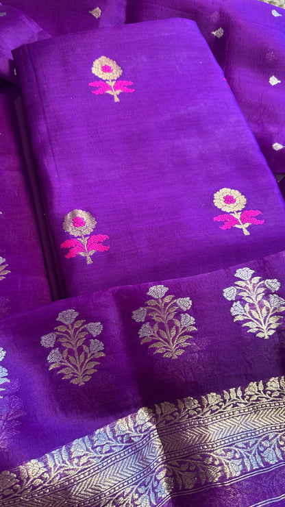 Purple chiniya meendar kurta, kora silk dupatta, plain bottom