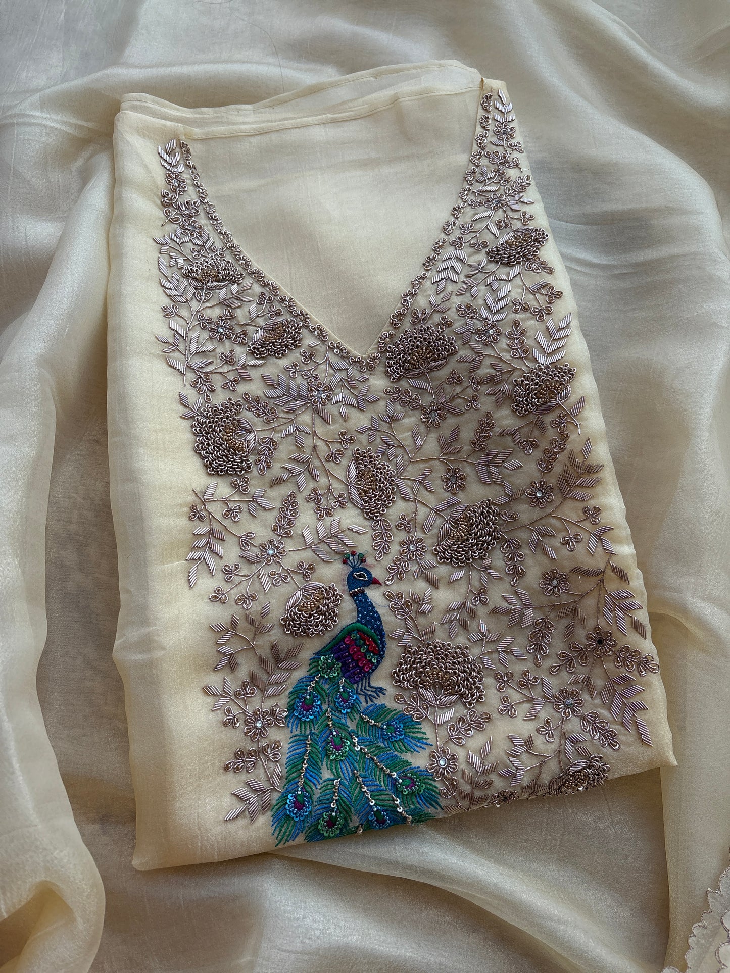 Yellow tissue silk hand embroidered suit set