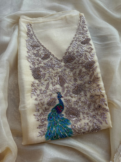 Yellow tissue silk hand embroidered suit set