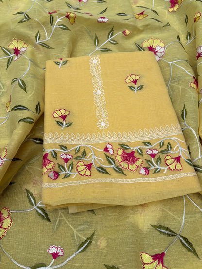 Yellow cotton linen embroidered 3 piece suit set