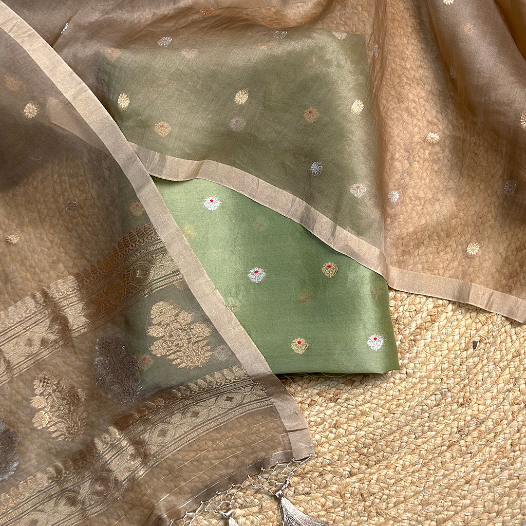 Olive green kurta with brown kora dupatta