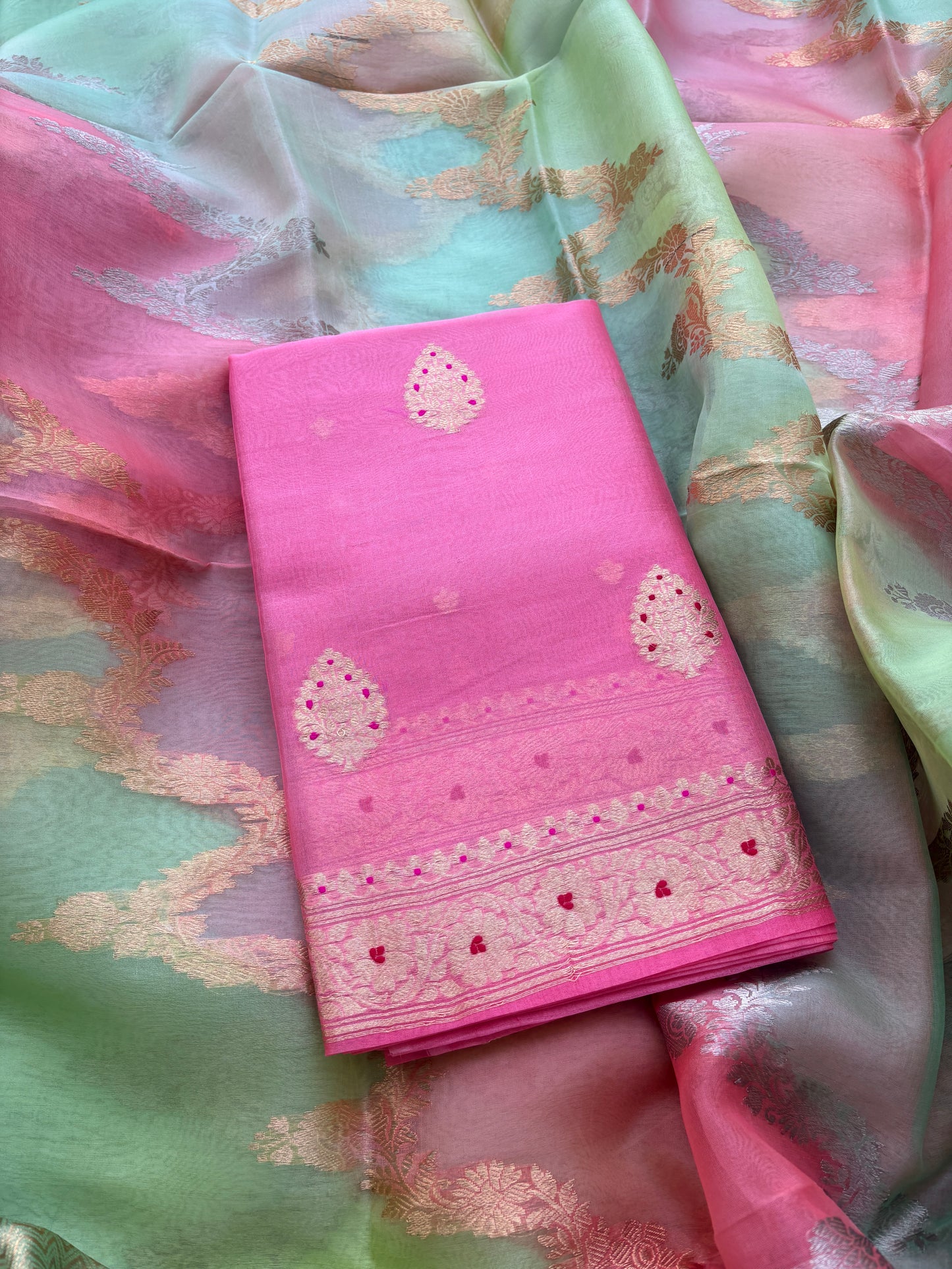 Pink kora silk with rangkata dupatta