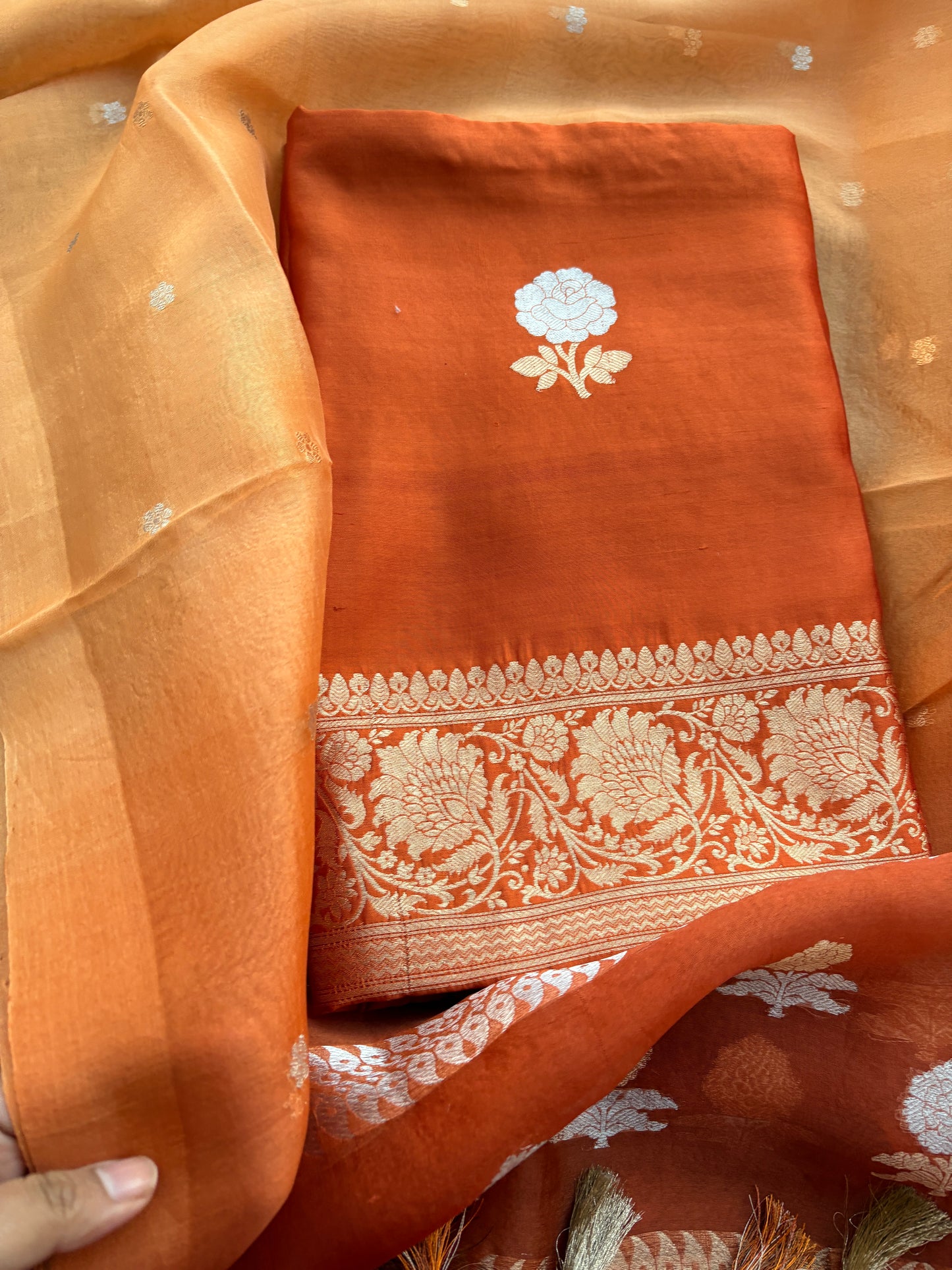 Orange Chiniya silk kurta , bottom and shaded dupatta
