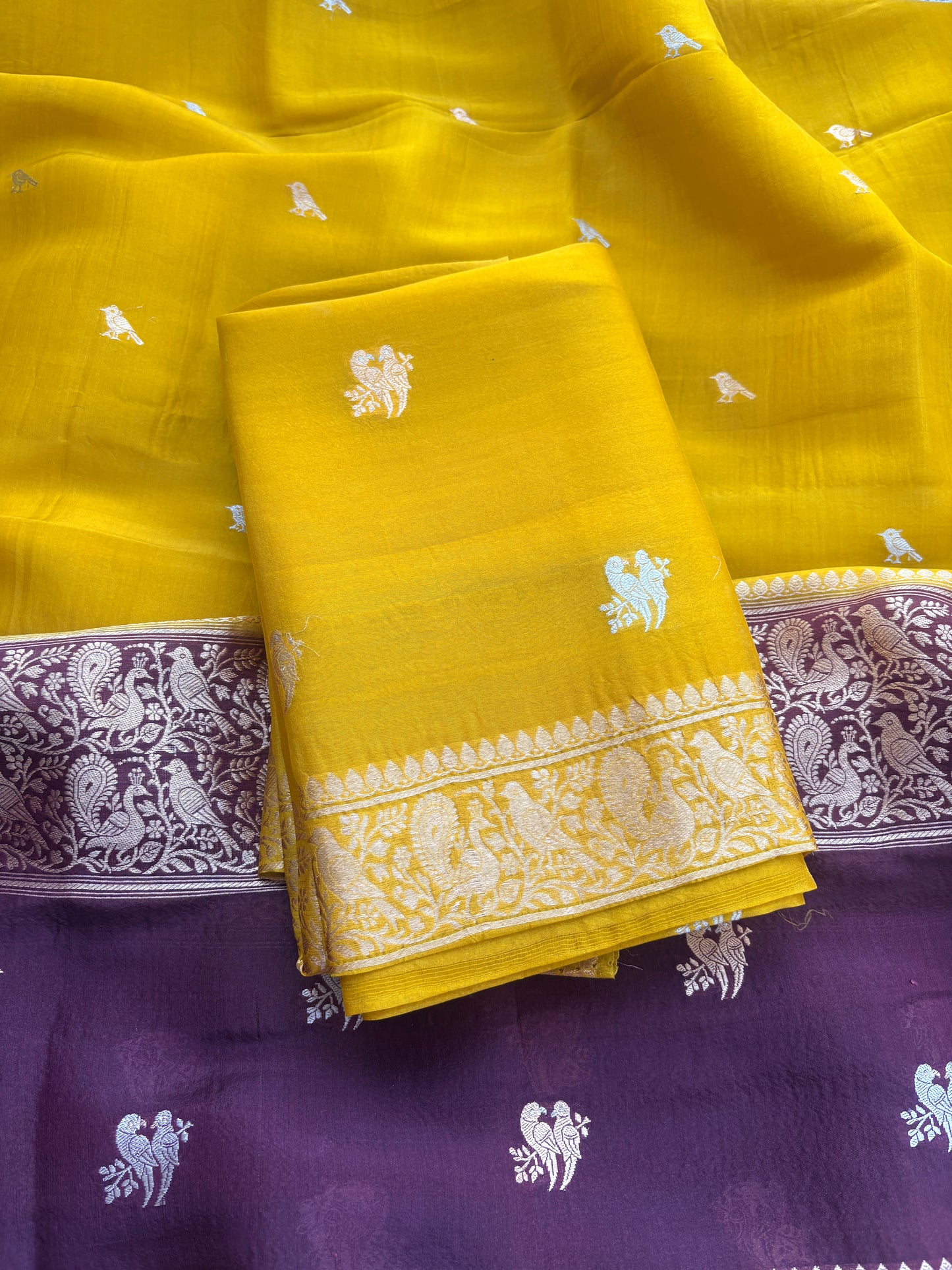 Mustard Kora silk suit set with shaded dupatta