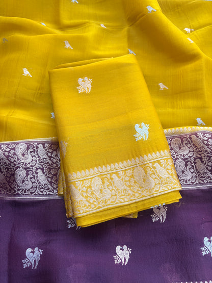 Mustard Kora silk suit set with shaded dupatta