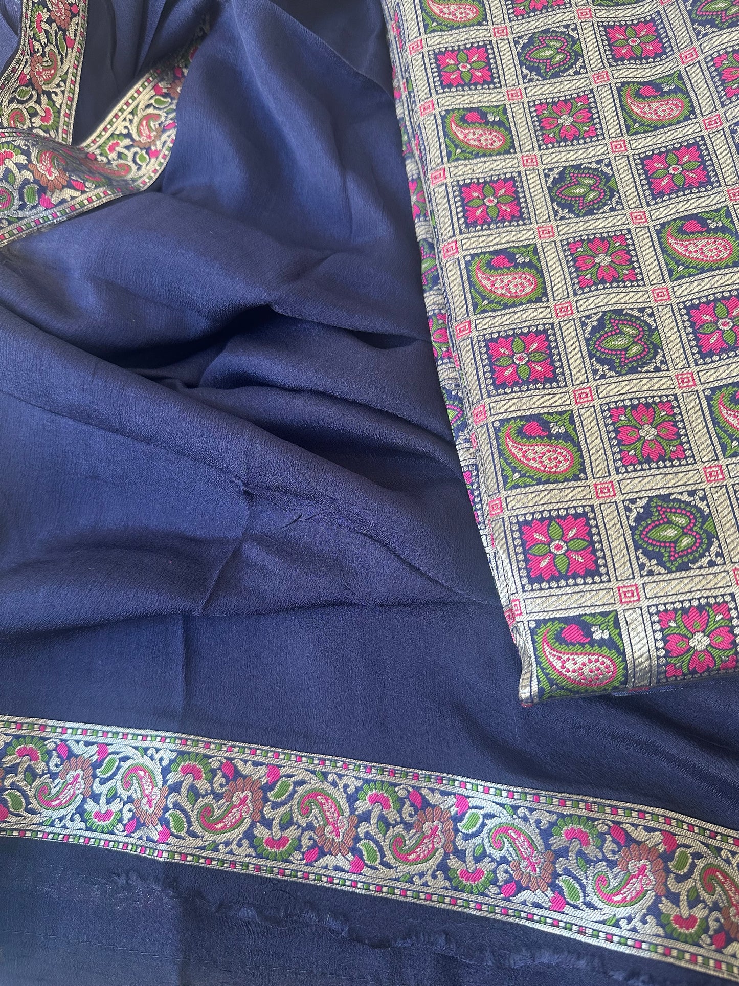 Blue brocade silk kurta, plain chiffon dupatta, plain bottom