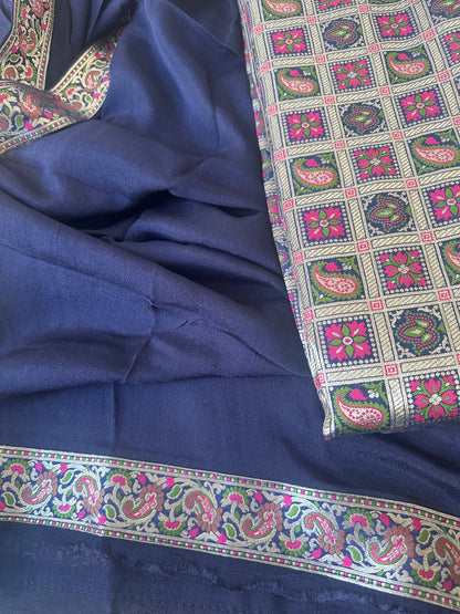 Blue brocade silk kurta, plain chiffon dupatta, plain bottom