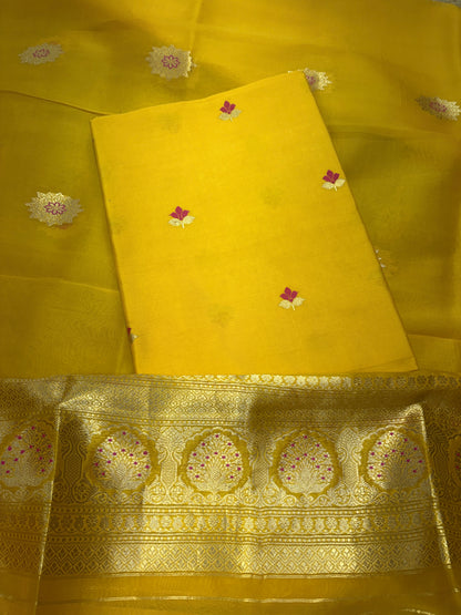 Yellow Chiniya silk kurta bottom and kora silk dupatta