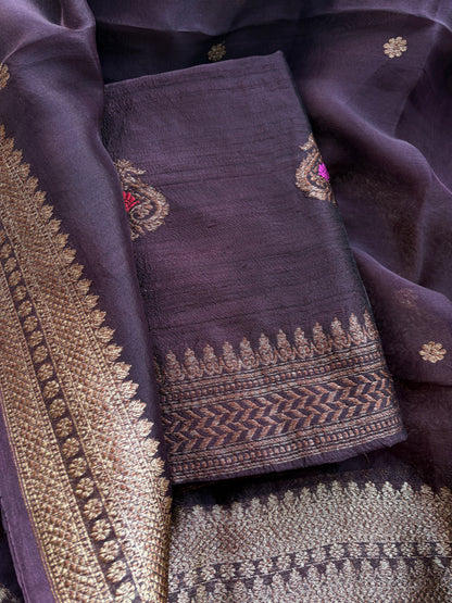 Wine raw silk kadhwa suit set