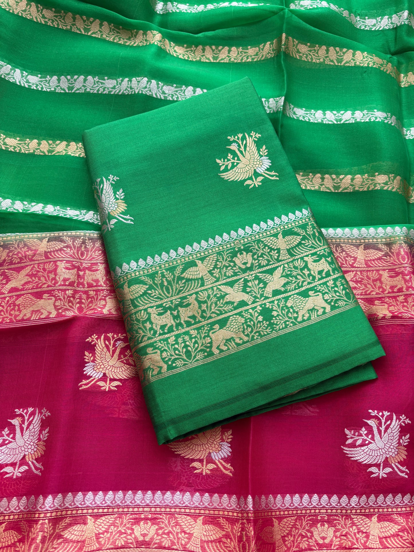 Green mango silk with kora silk stripe dupatta