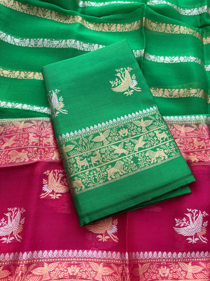 Green mango silk with kora silk stripe dupatta