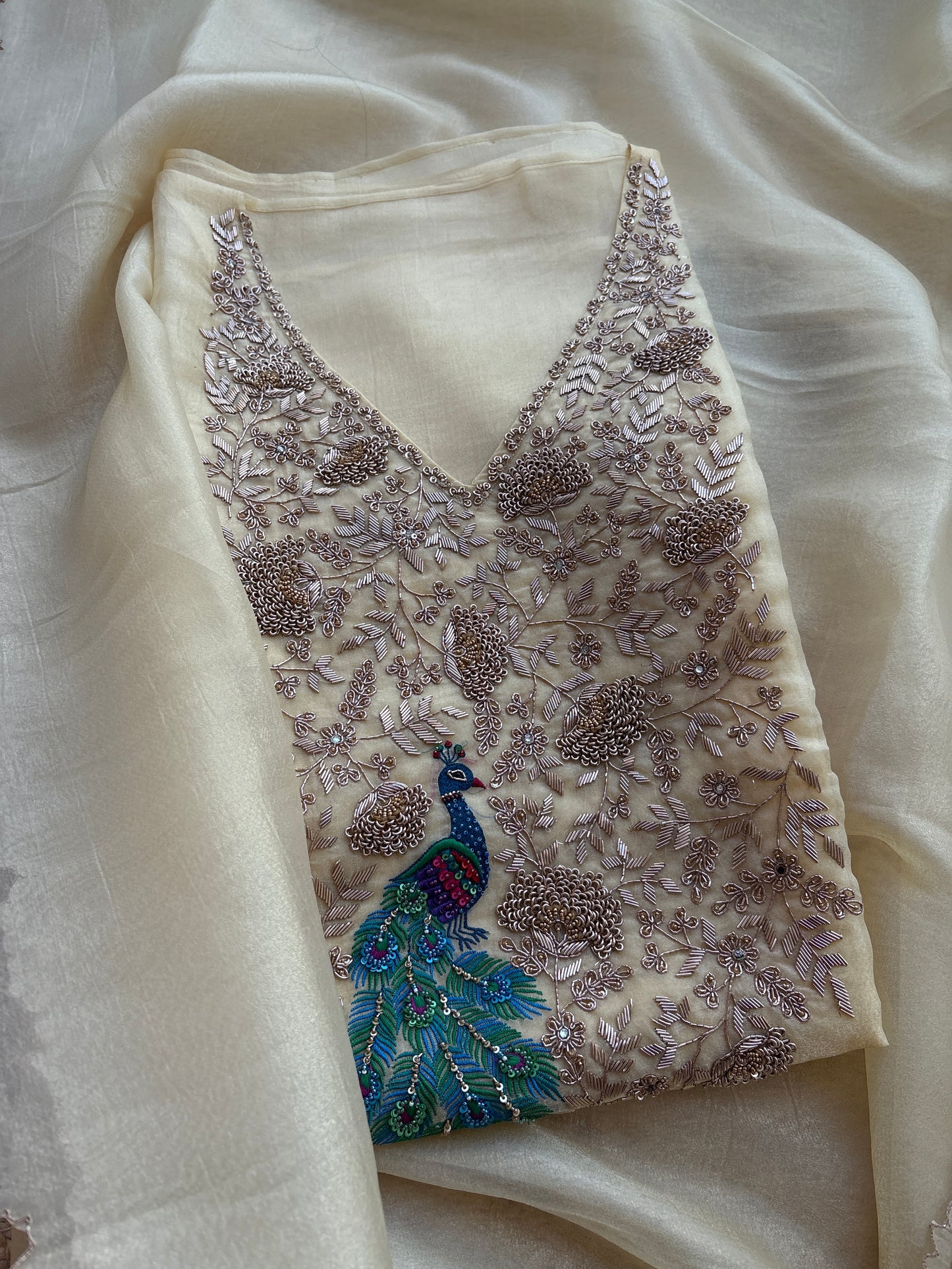 Yellow tissue silk hand embroidered suit set