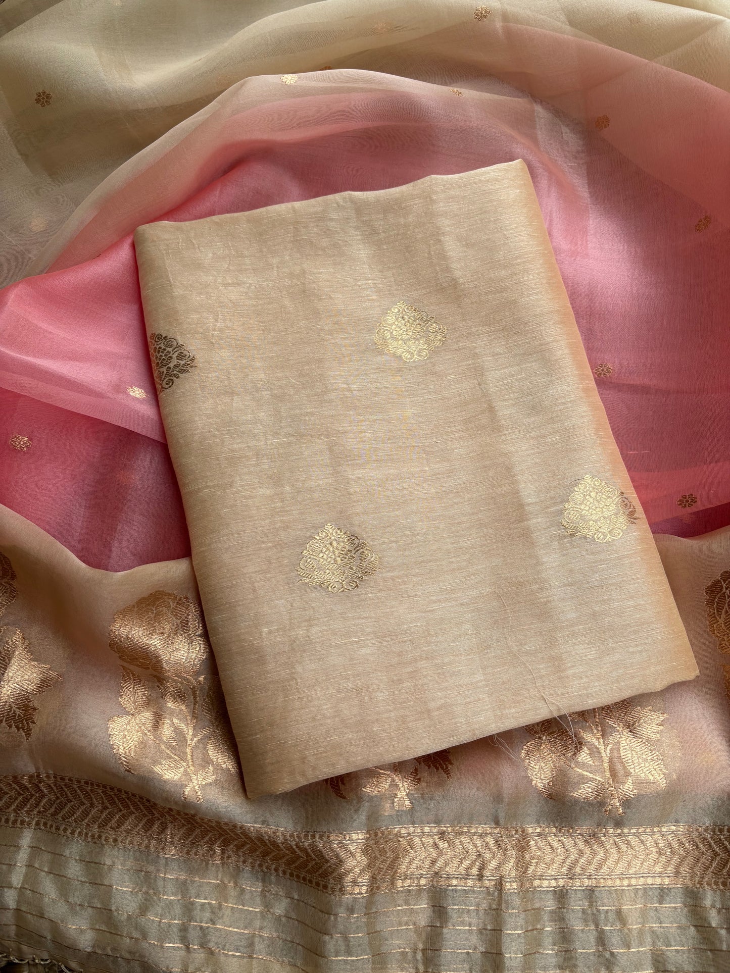 Beige linen silk kurta with kora silk dupatta