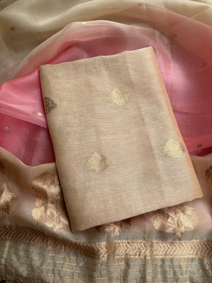Beige linen silk kurta with kora silk dupatta