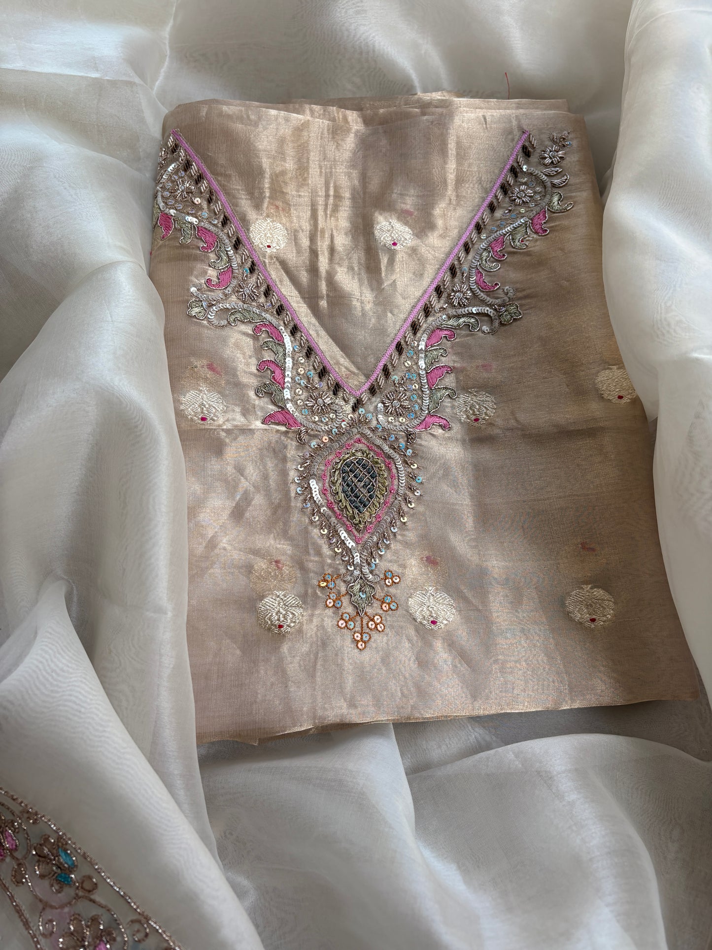 Tissue hand embroidered suit with kora embroidered dupatta