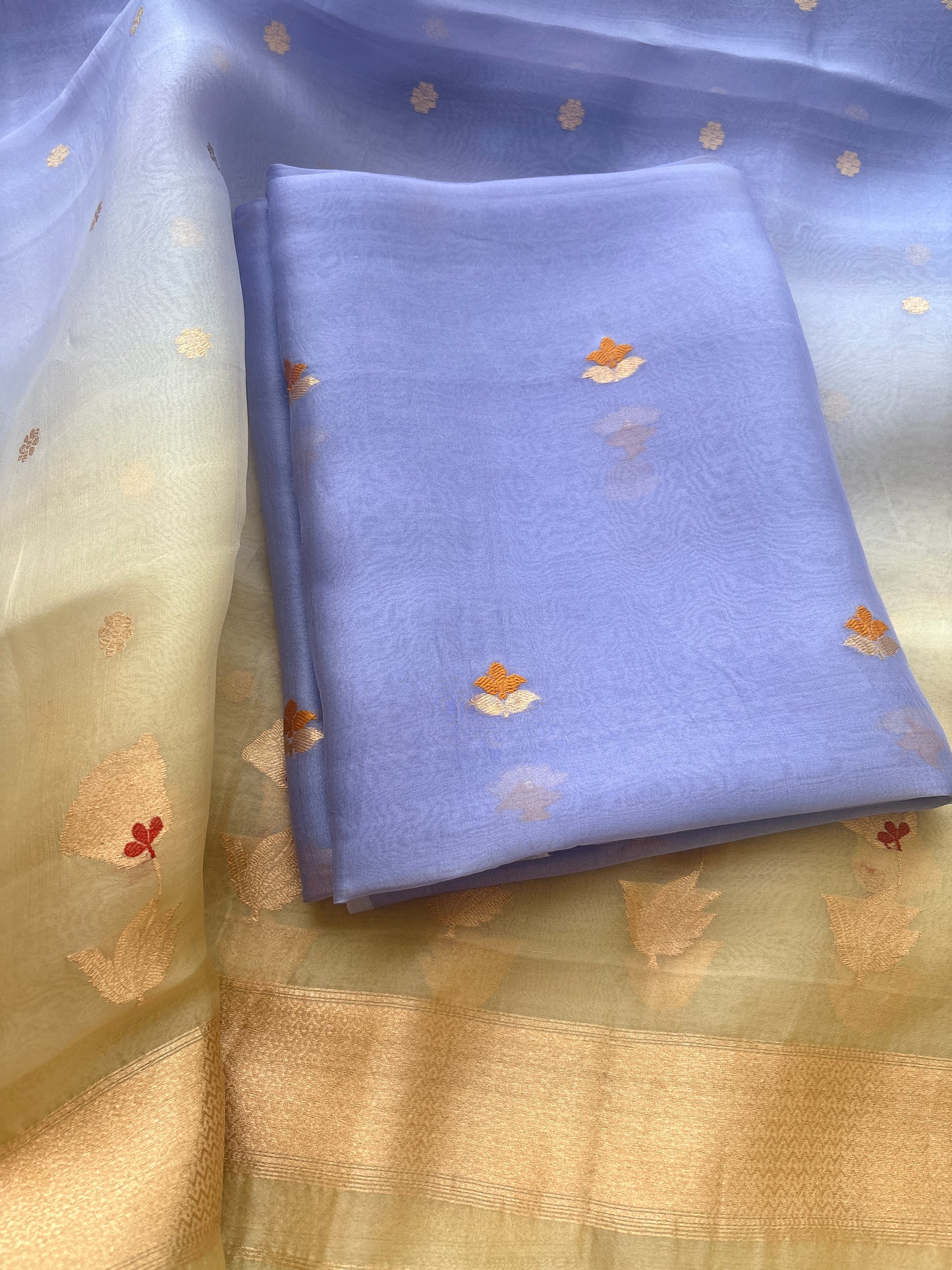 Lavender kora silk suit with yellow shaded dupatta