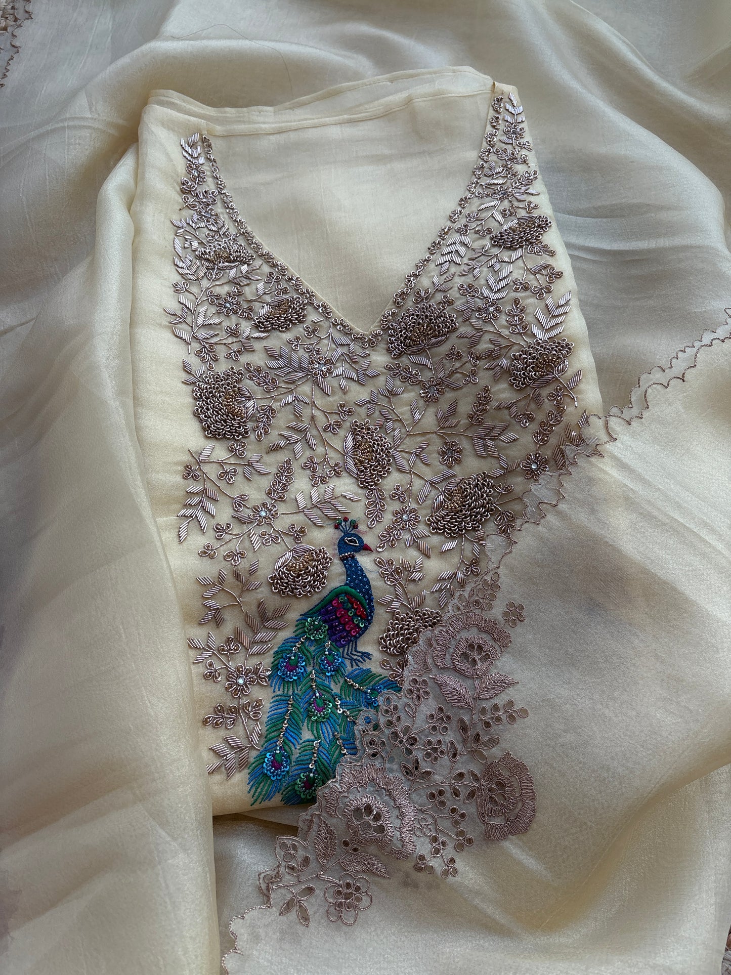 Yellow tissue silk hand embroidered suit set