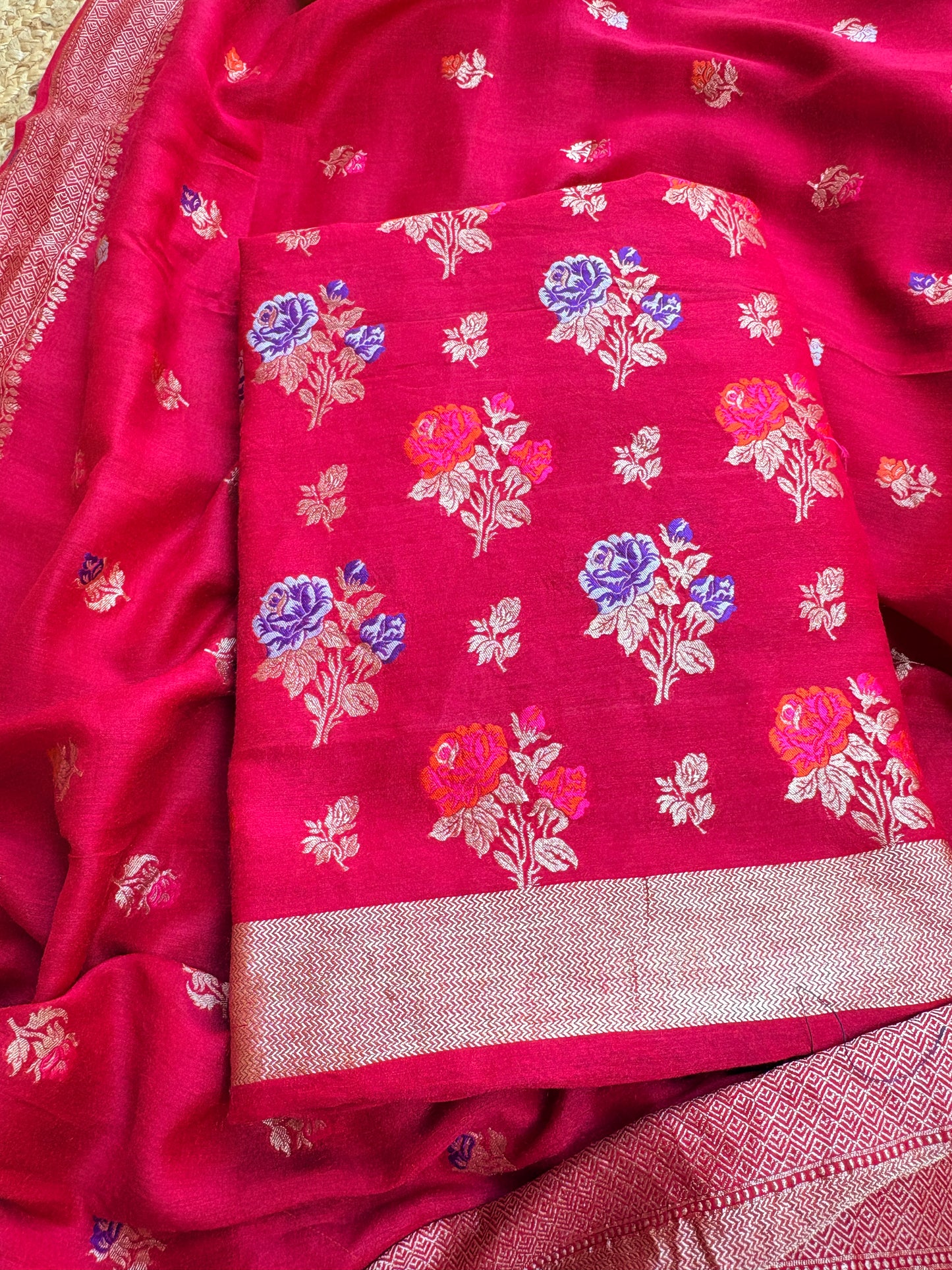 Red moonga silk meenadar flower weaving suit set