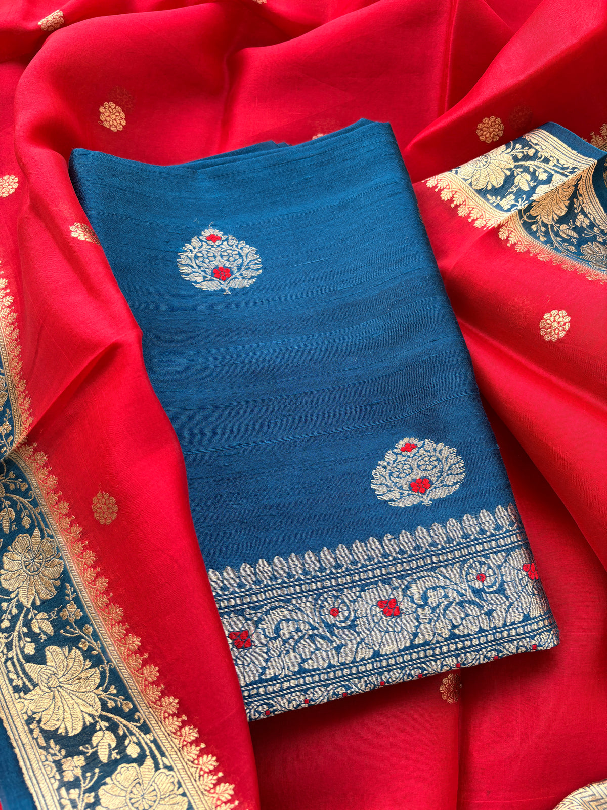 Blue red tussar silk suit set
