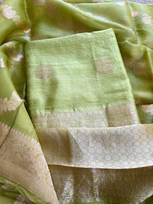 Green raw silk kadhwa suit set with kora silk dupatta