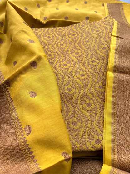 Yellow brocade cotton silk suit set