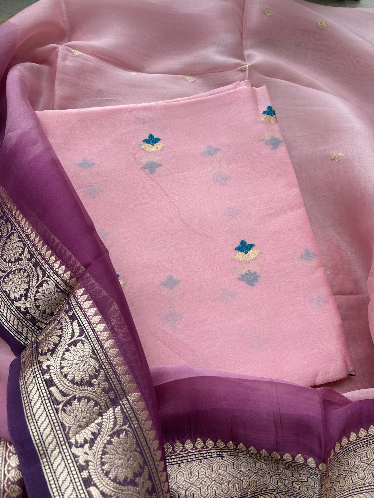 Pink Kora silk suit set with shaded dupatta