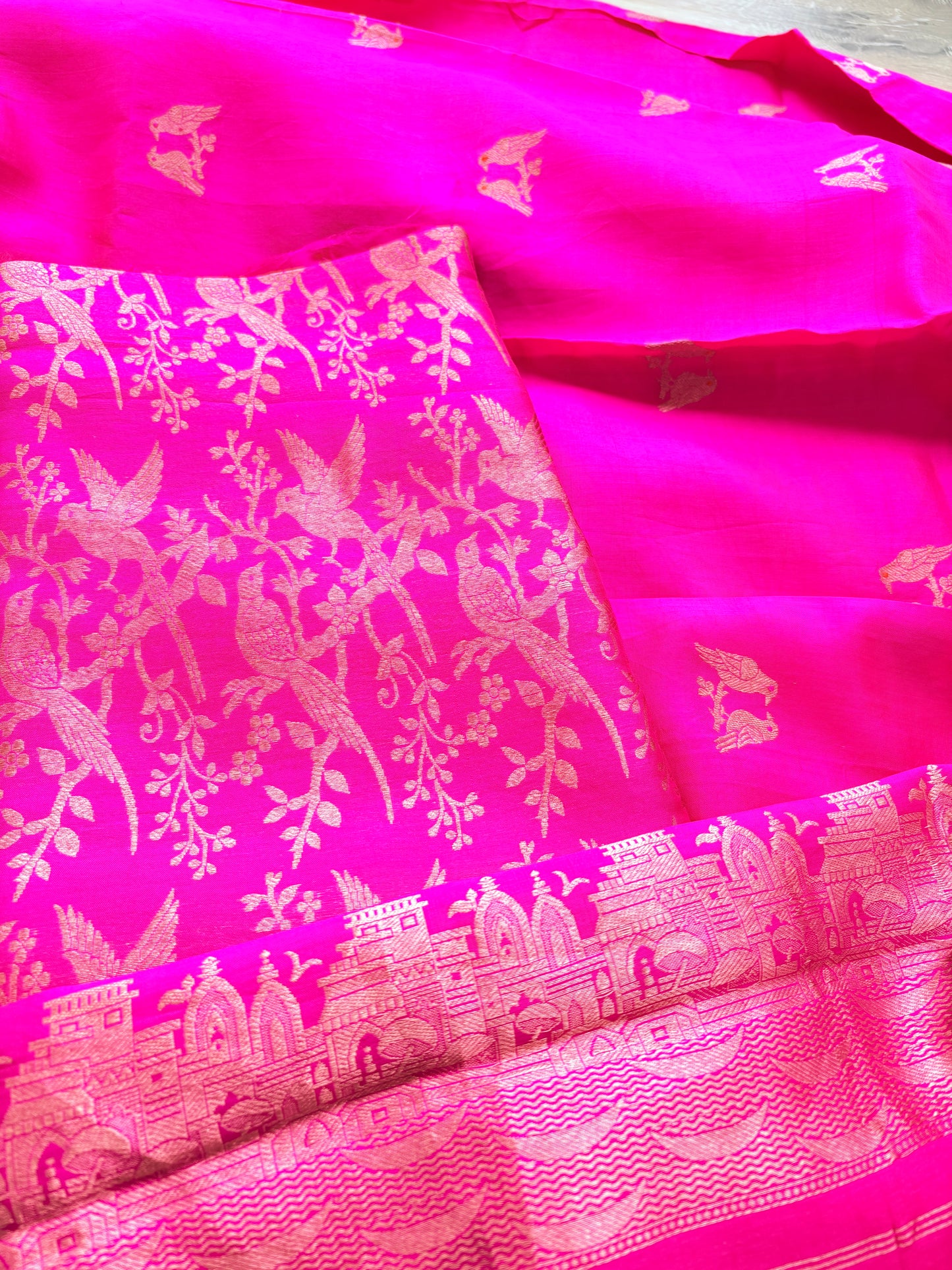 Pink brocade silk suit set with silk bird dupatta