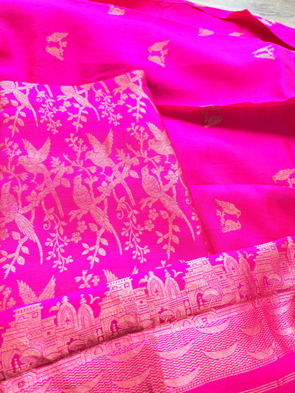 Pink brocade silk suit set with silk bird dupatta
