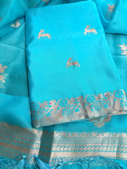 Blue pure silk kadhwa motif suit set