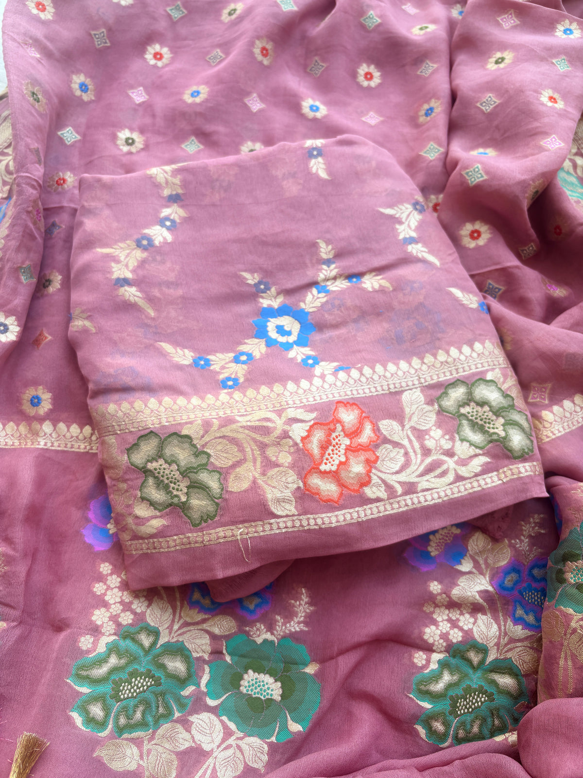 Peach meenadar weaving Khaddi georgette suit set
