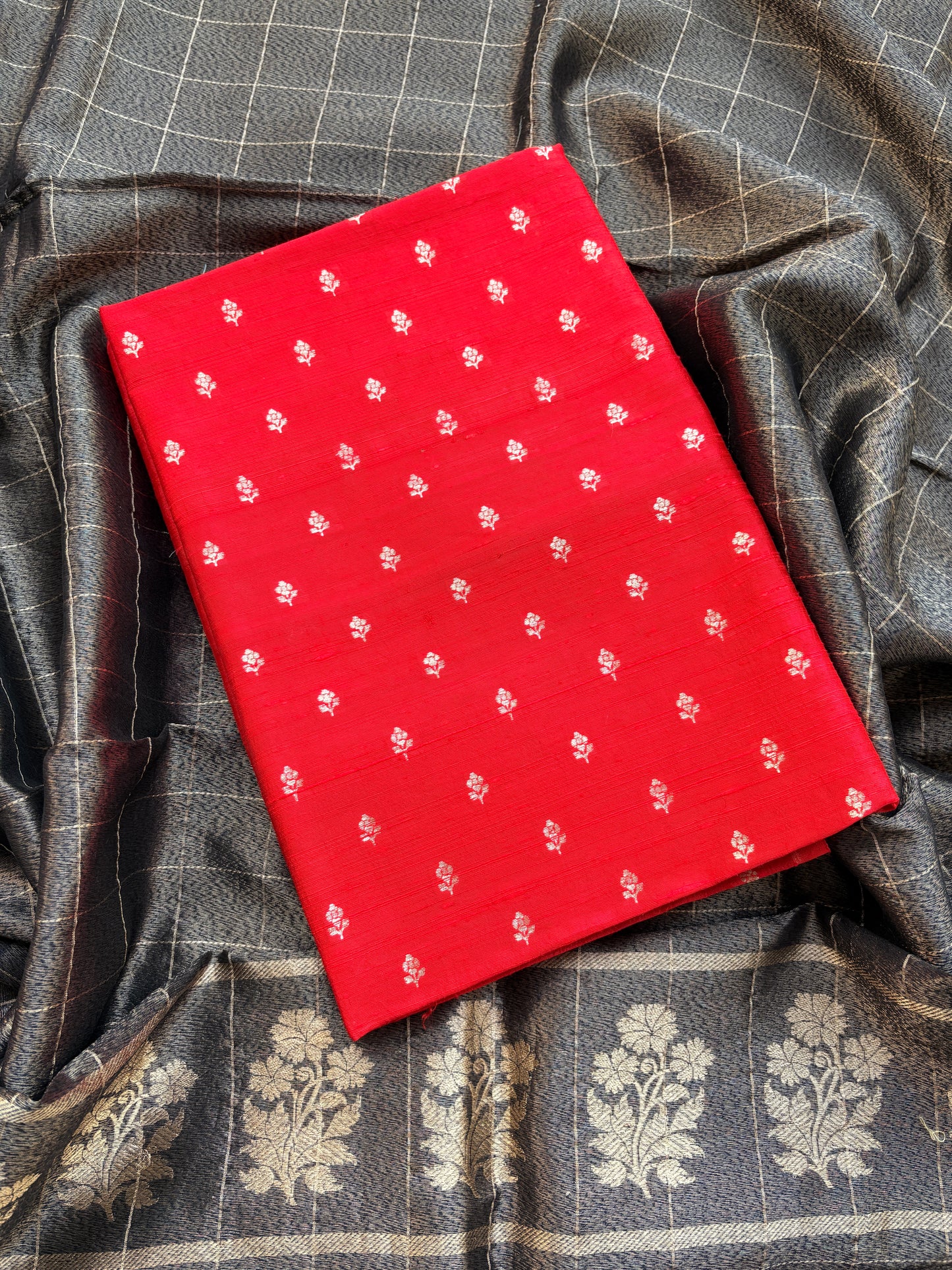 Red Chiniya silk kurta, bottom , black tissue dupatta