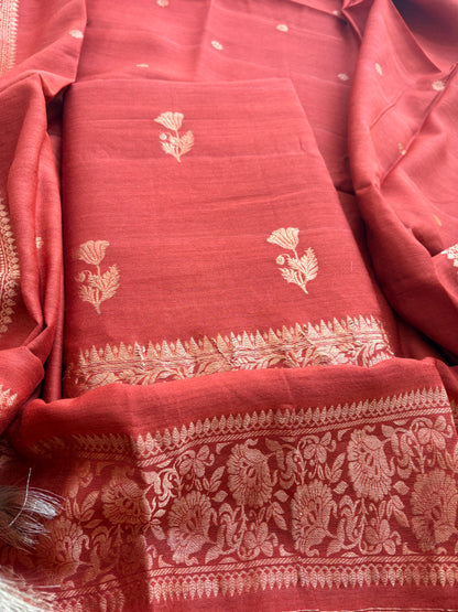 Rust raw silk tussar kadhwa suit set