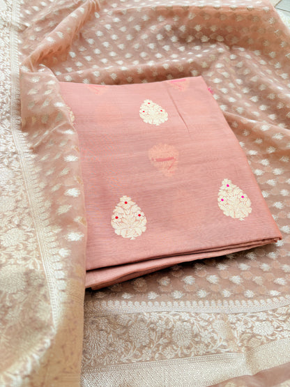 Peach handloom silk suit set with cutwork Kora dupatta