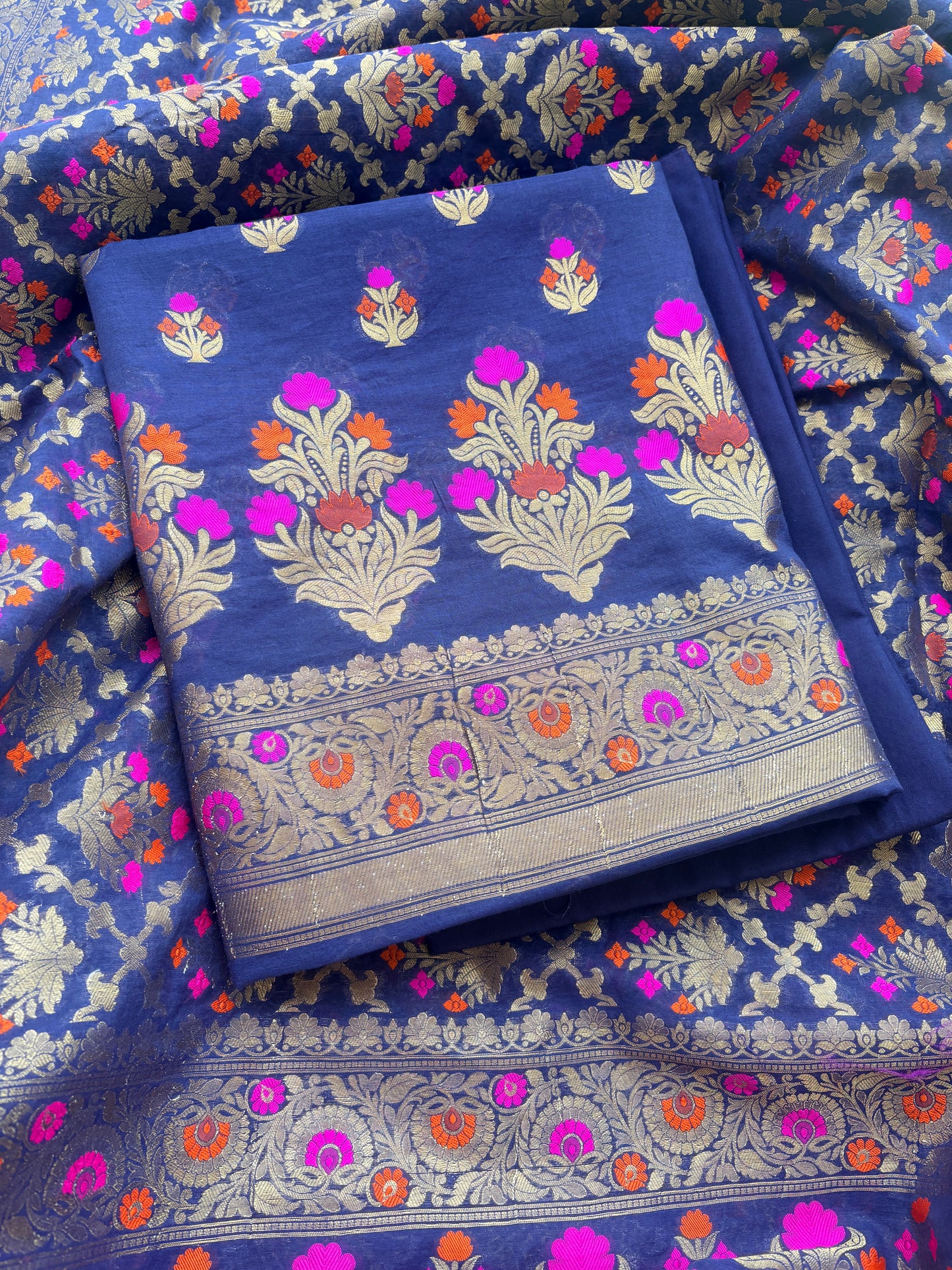 Blue Chanderi Resham zari heaving jaal dupatta suit set