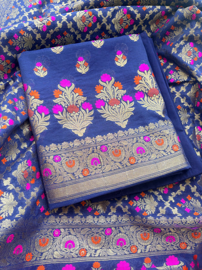 Blue Chanderi Resham zari heaving jaal dupatta suit set