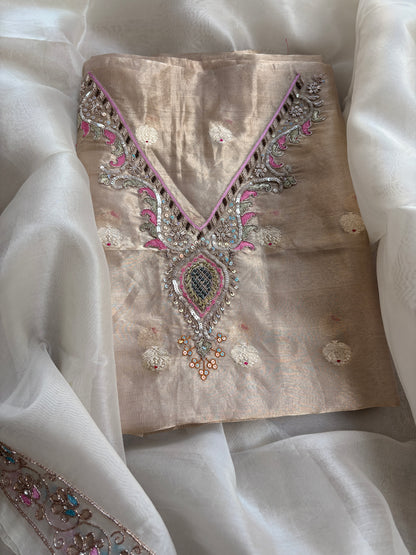 Tissue hand embroidered suit with kora embroidered dupatta