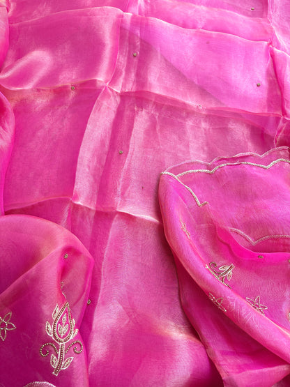 Pink tissue hand embroidered pure silk suit set