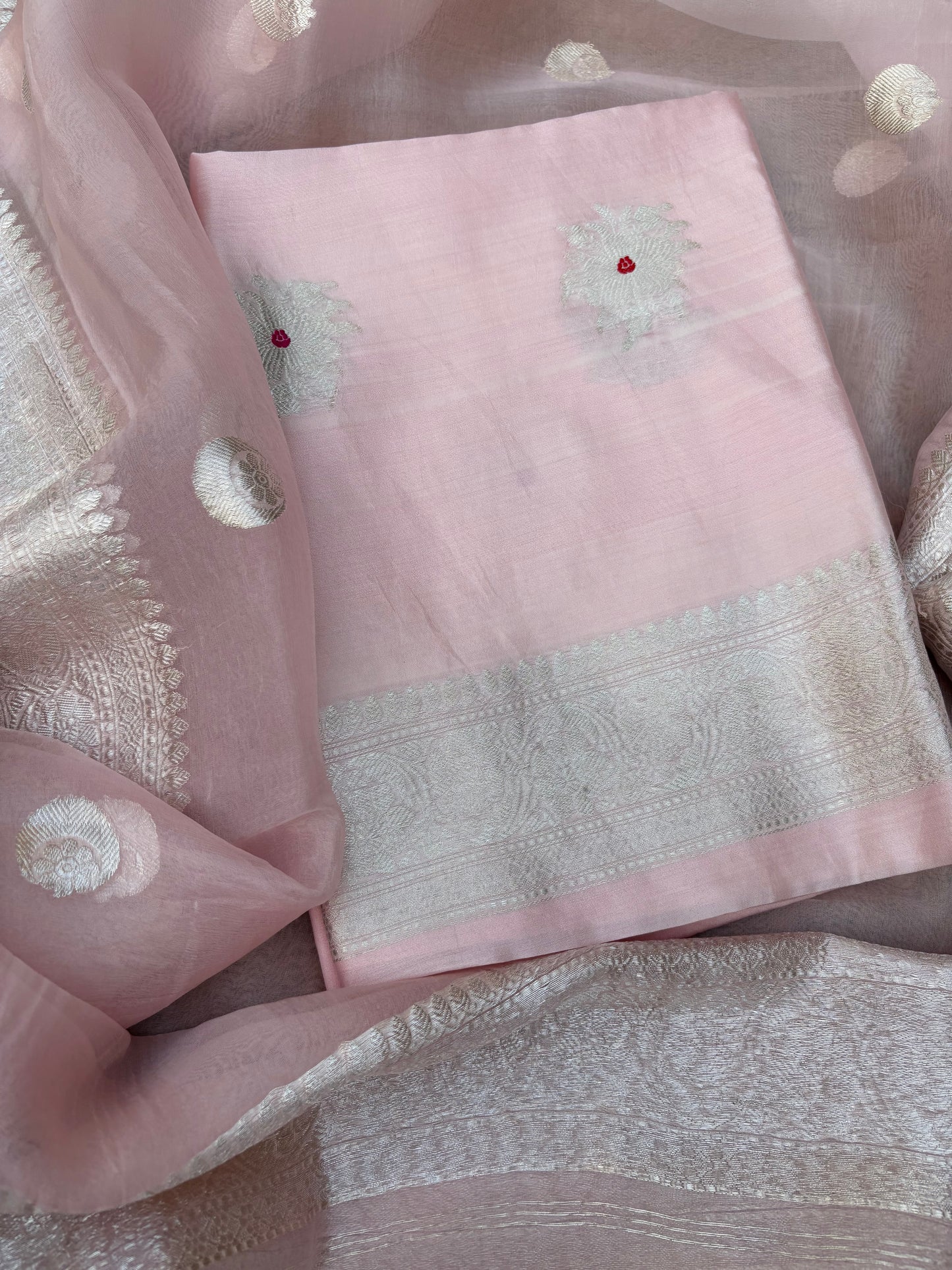 Pink Chiniya silk  silver zari 3 piece suit set