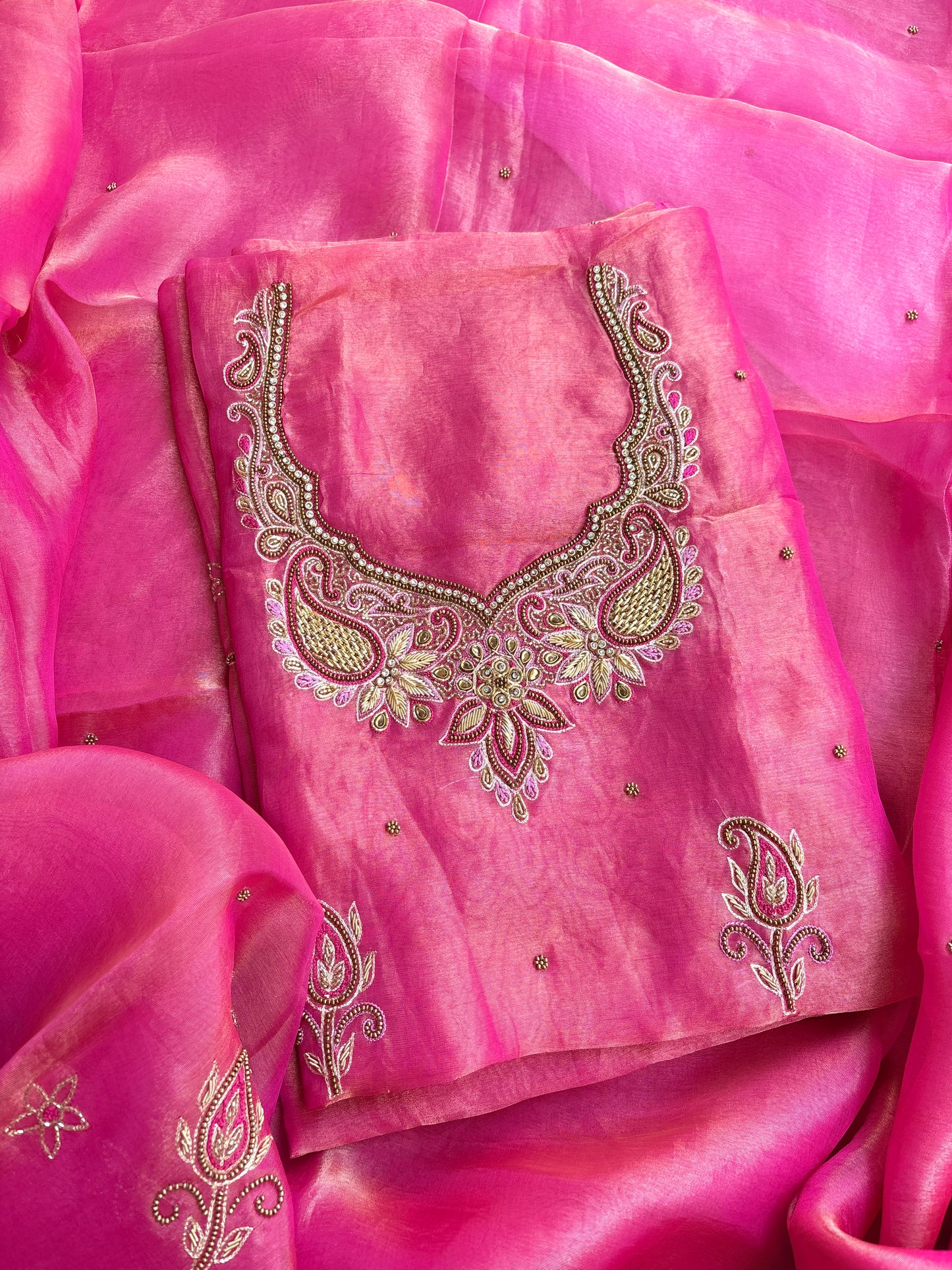 Pink tissue hand embroidered pure silk suit set