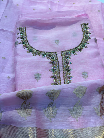 Pink linen silk hand embroidered suit set