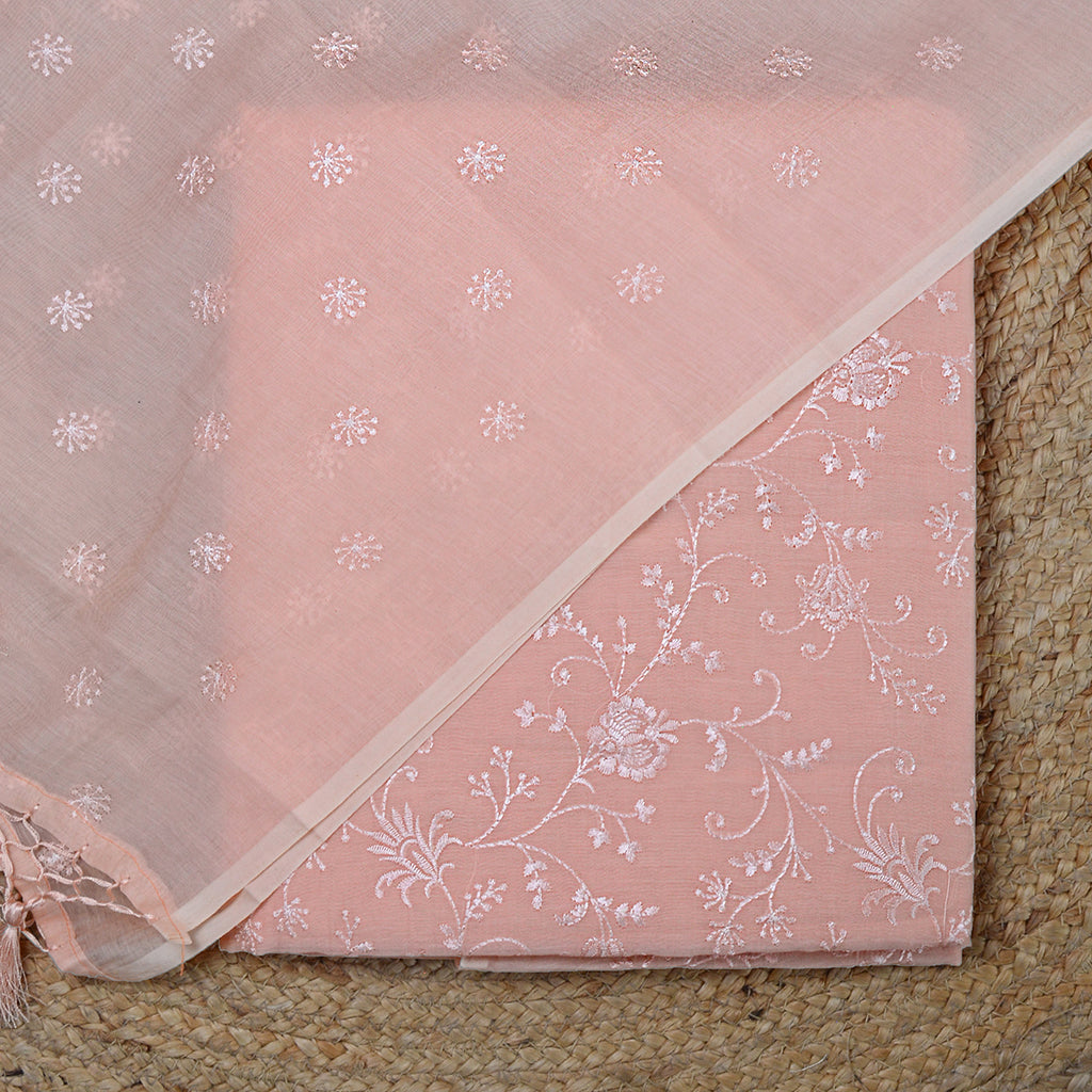 Peach embroidered mul chanderi suit set